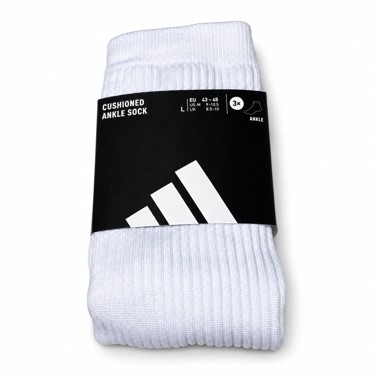 Etiqueta impresa para medias Adidas, con logo blanco sobre fondo negro